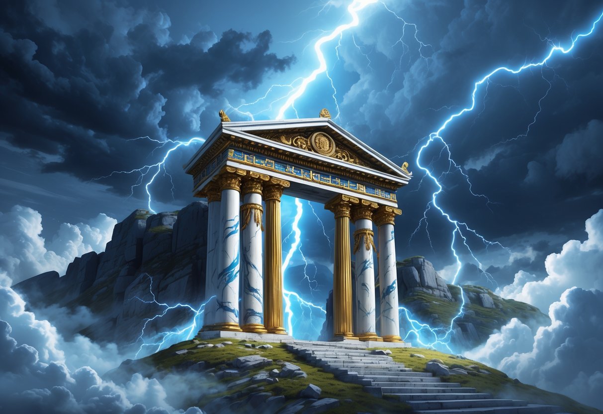 Gerbang kuil kuno di puncak gunung dengan petir menyambar di sekitarnya di bawah langit badai.