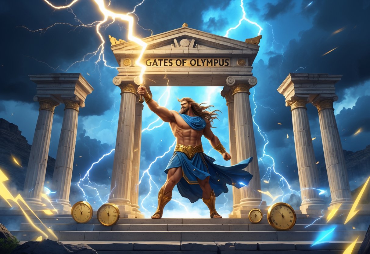Ilustrasi Zeus memegang petir di depan gerbang kuil kuno dengan langit badai dan elemen jam yang samar di latar belakang.