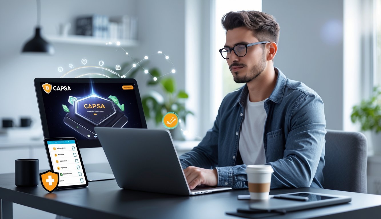 Seorang pria muda duduk di meja dengan laptop yang menampilkan permainan kartu Capsa, terlihat fokus dan serius di ruangan kerja yang terang dan rapi.