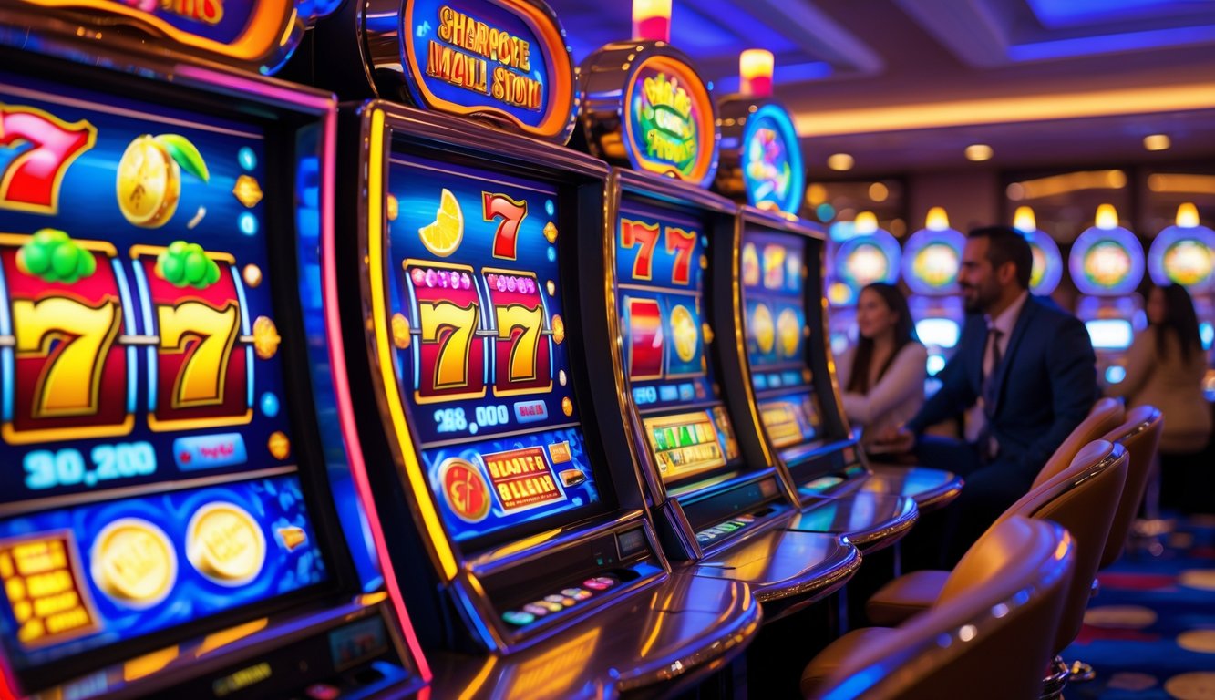 Suasana kasino dengan beberapa mesin slot berwarna cerah dan pemain yang sedang menikmati permainan.
