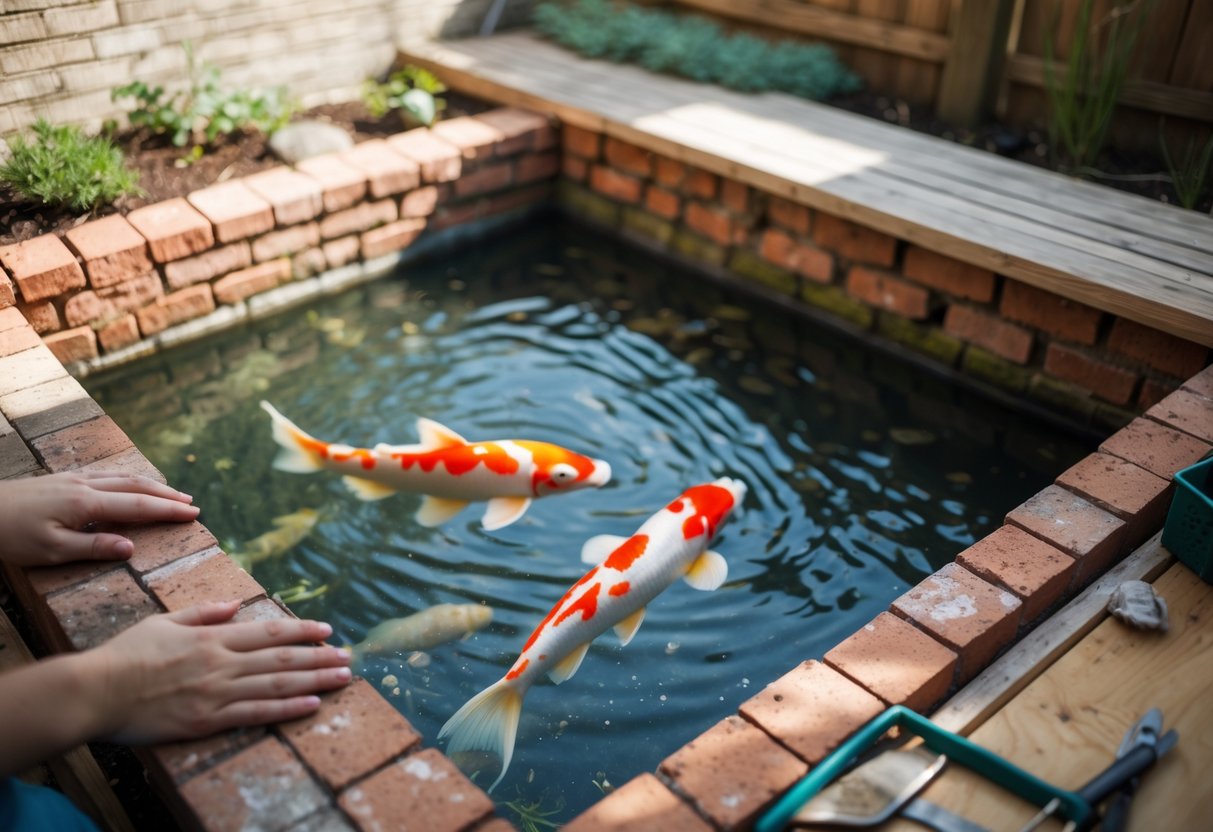 A small backyard with a raised brick koi pond and built-in seating, hands resting on the edge, and gardening tools nearby.