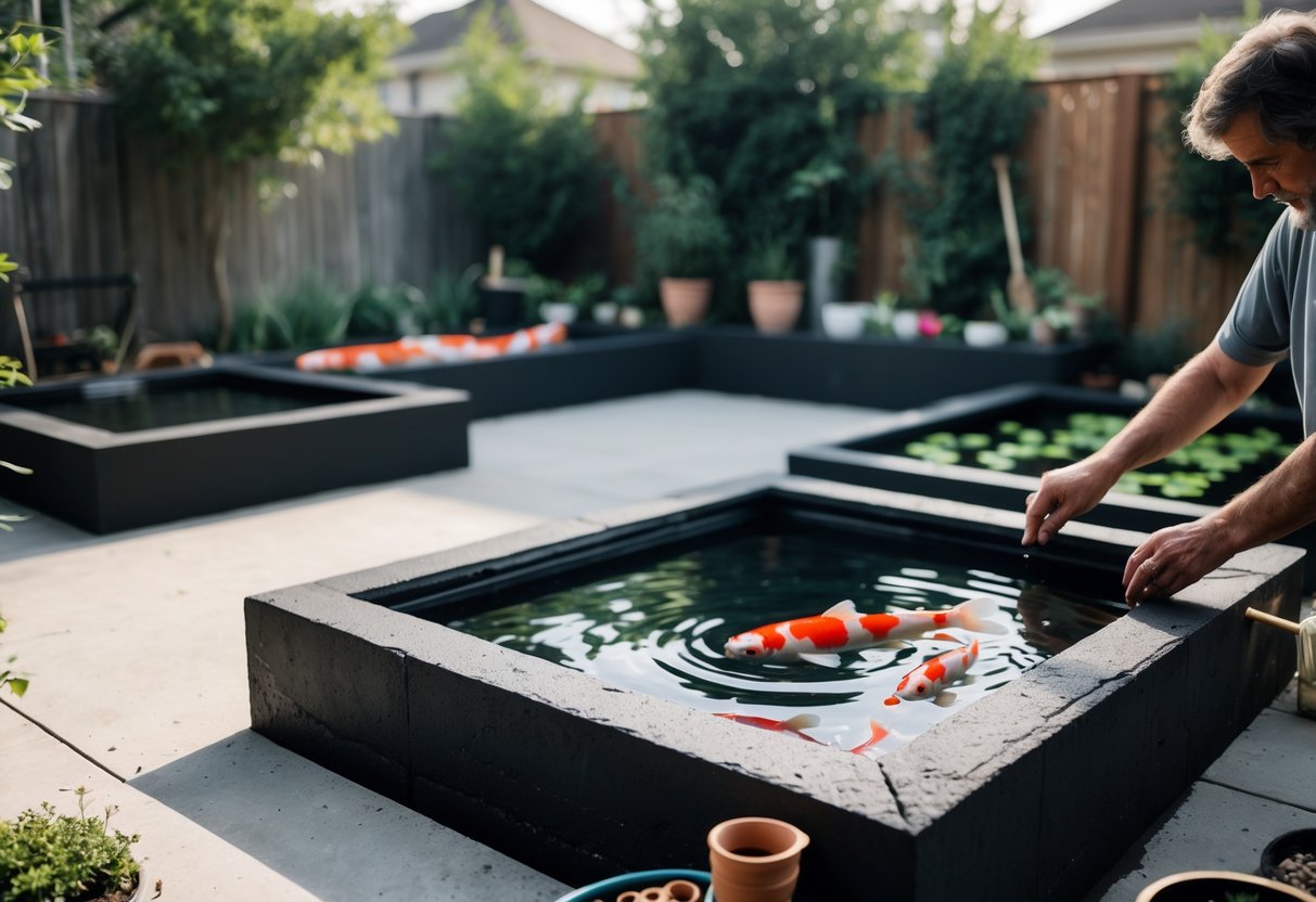 A small backyard with a modern black concrete elevated koi pond, surrounded by gardening tools and a pair of hands tending to the pond under soft daylight.