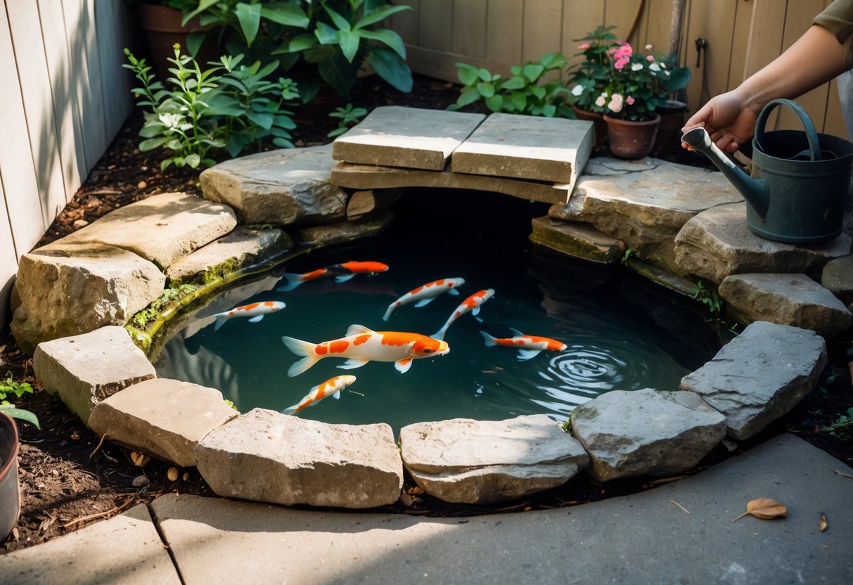 A small raised koi pond in a backyard corner with a natural rock bridge arching over the water, koi fish swimming, and gardening tools nearby.