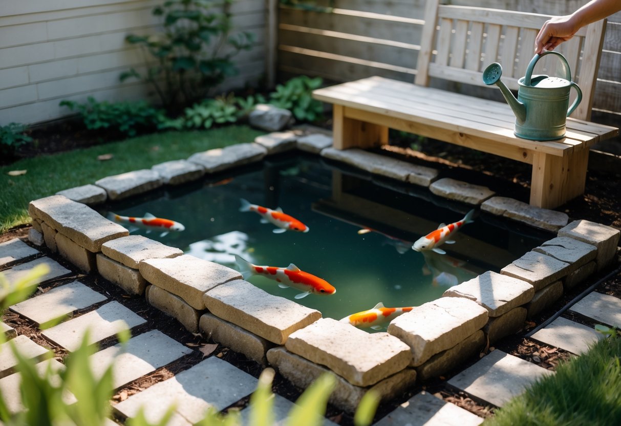 Small backyard koi pond with a raised stone edge and wooden bench, showing koi fish in the water and a pair of hands holding a garden tool nearby.