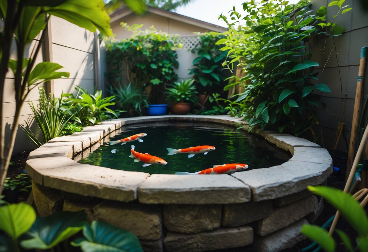 Small backyard tropical raised koi pond surrounded by a vertical garden with green plants, a pair of hands tending to the plants, and gardening tools nearby.