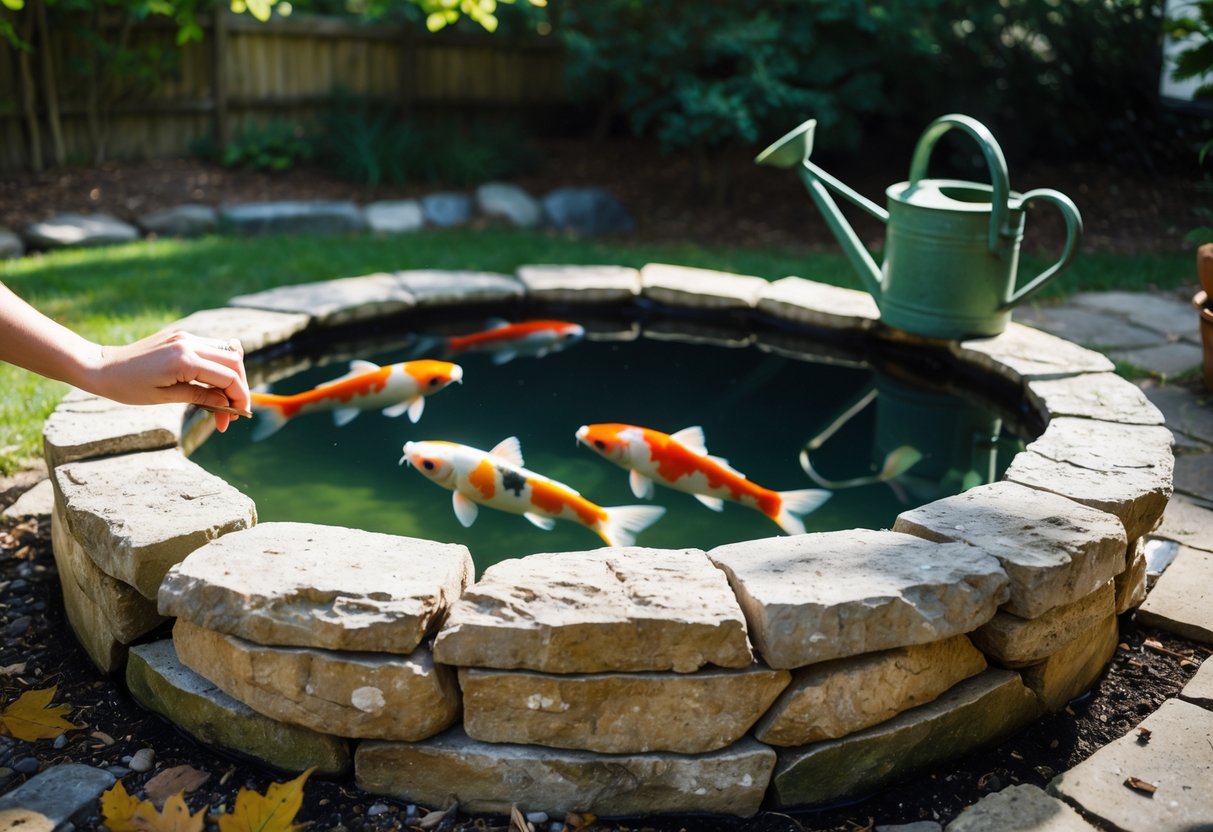 A small circular raised backyard koi pond surrounded by natural stone with koi fish swimming, soft daylight casting shadows, and a pair of hands holding a garden tool nearby.