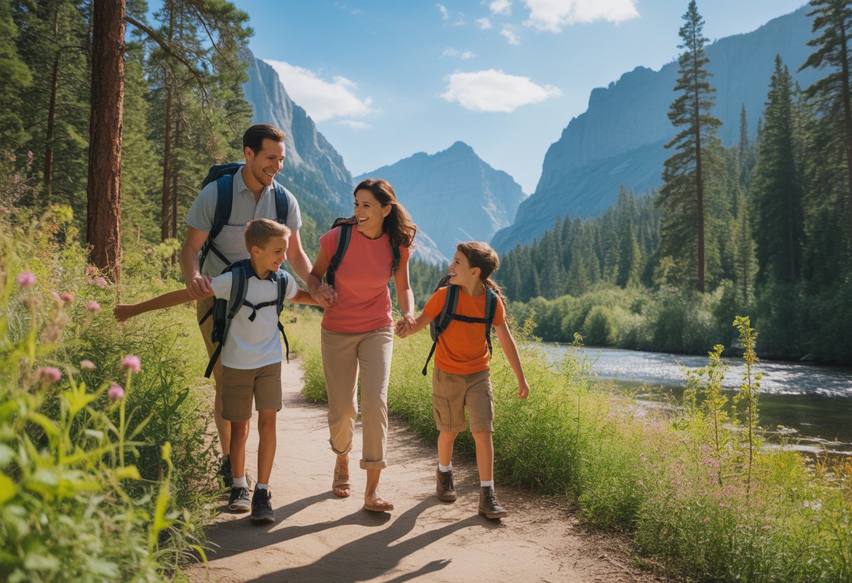A family of four walking on a trail through a green national park with mountains in the background.