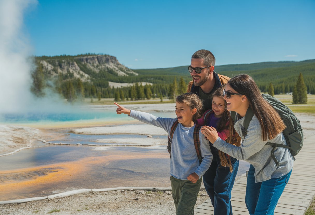 A family of four exploring a geyser area in Yellowstone National Park surrounded by trees and mountains.