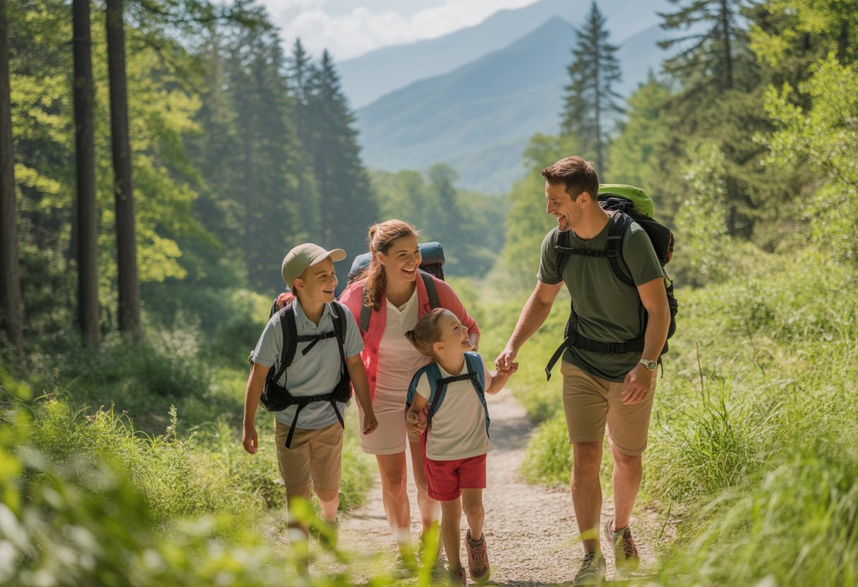 A family hiking on a forest trail with misty mountains in the background, surrounded by tall trees and sunlight filtering through the leaves.