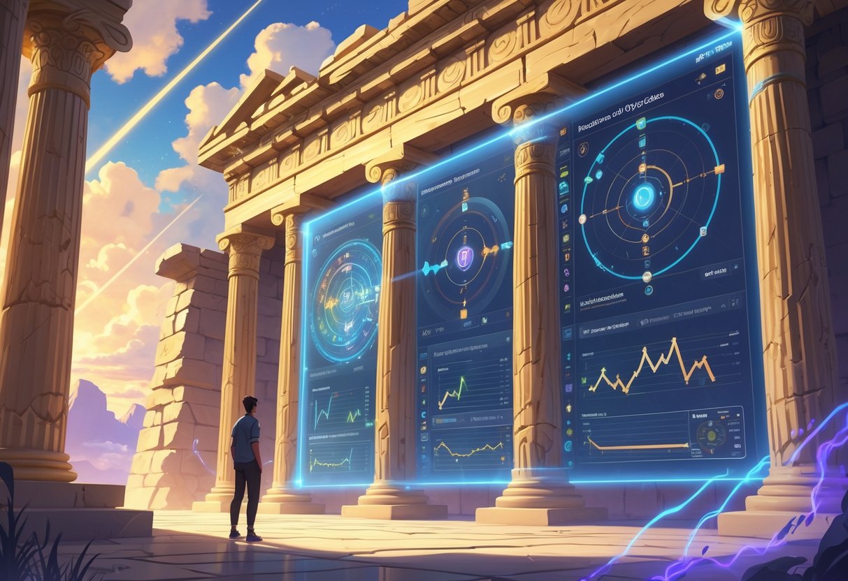 Seorang pemain sedang mempelajari pola dan momentum di depan gerbang kuil kuno yang megah dengan simbol-simbol bercahaya.