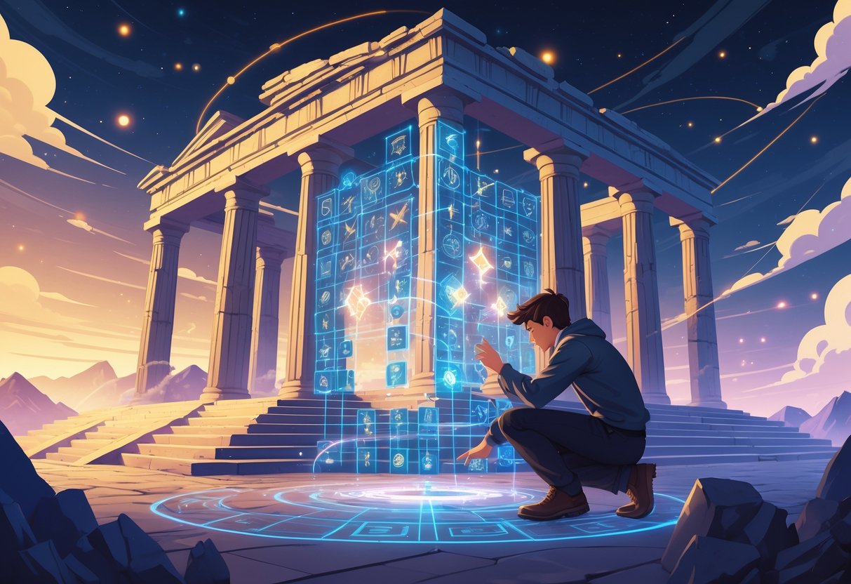 Seorang tokoh sedang mempelajari pola dan momentum di depan kuil kuno dengan simbol-simbol bercahaya dan langit berbintang di latar belakang.