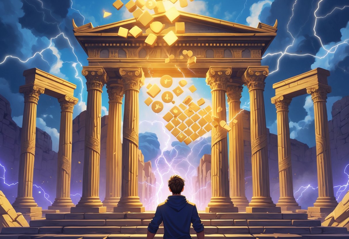 Seorang pemain fokus mengamati pola simbol bercahaya di depan gerbang kuil Yunani kuno yang megah, dengan latar belakang awan dan kilat yang menunjukkan energi dan momentum.