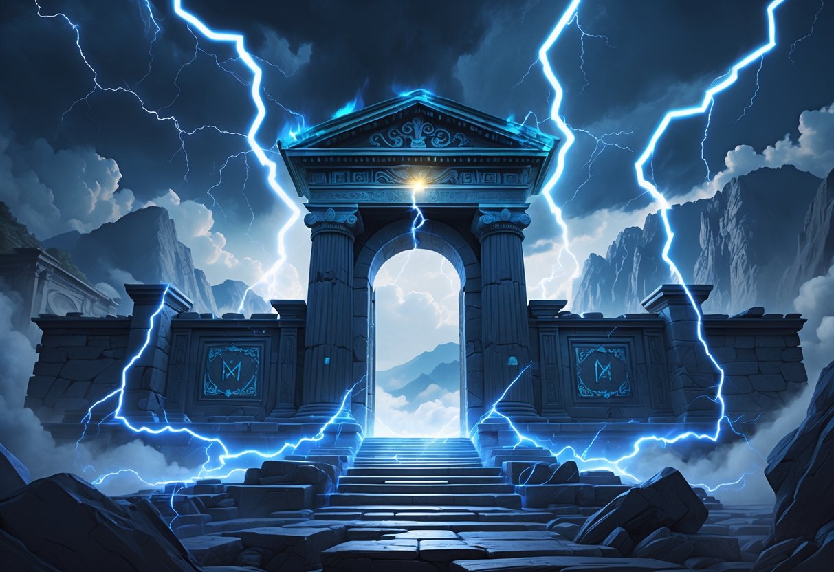 Pemandangan gerbang kuno dengan tiga petir menyambar dari langit badai di latar belakang pegunungan.
