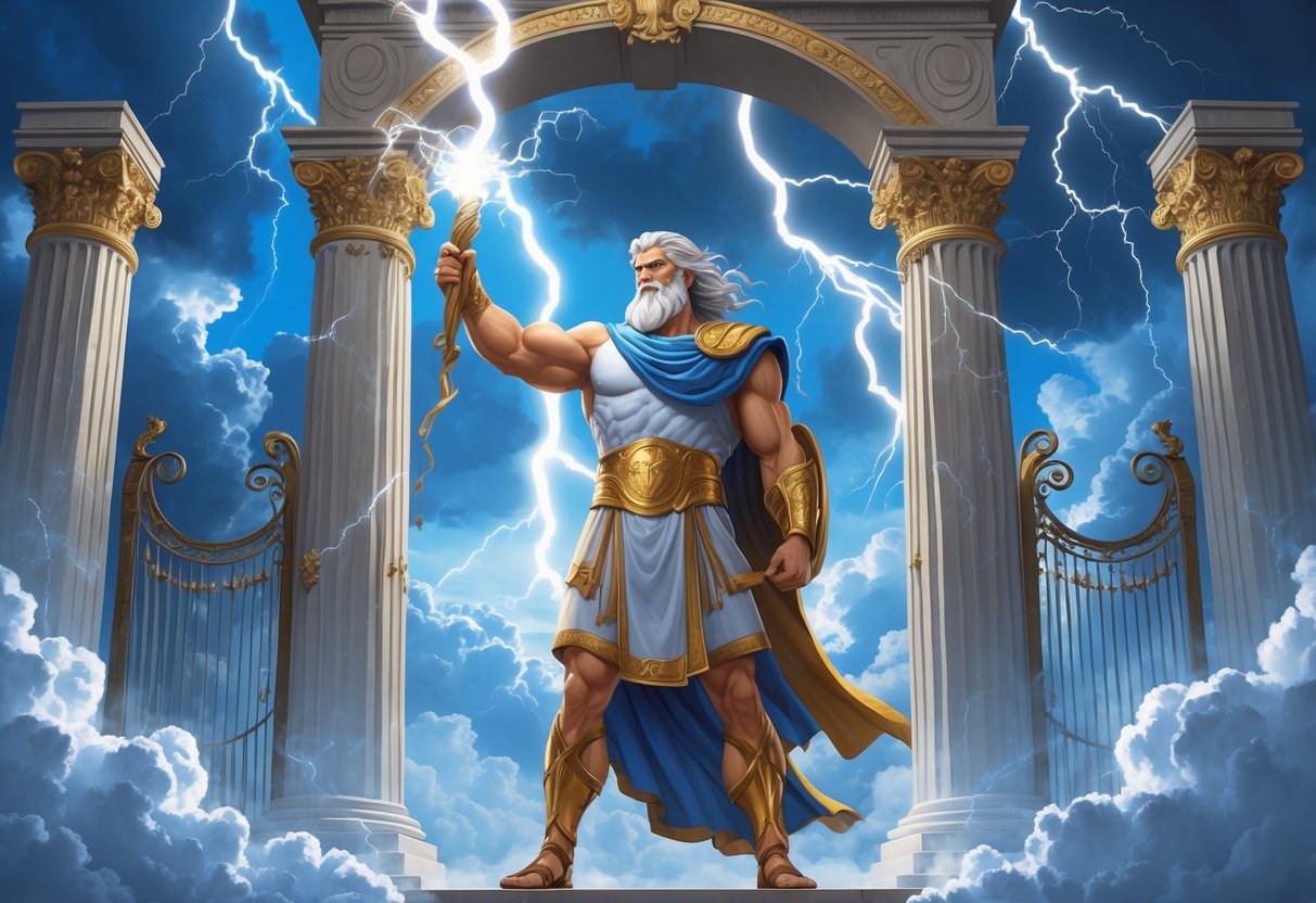 Ilustrasi Zeus berdiri di depan gerbang megah Olympus dengan tiga petir menyambar di sekitarnya.