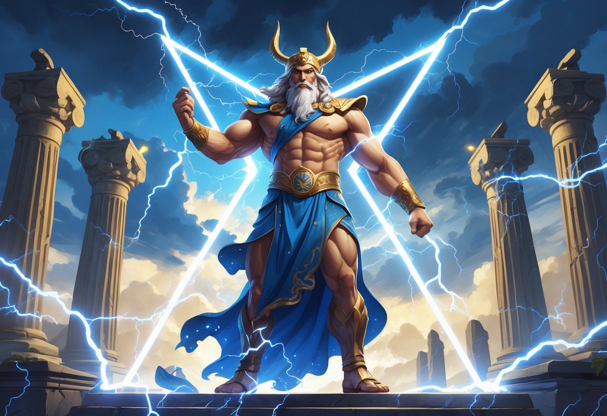 Ilustrasi Zeus yang kuat dengan tiga petir mengelilinginya di langit badai, menggambarkan strategi pola petir untuk Gates of Olympus.