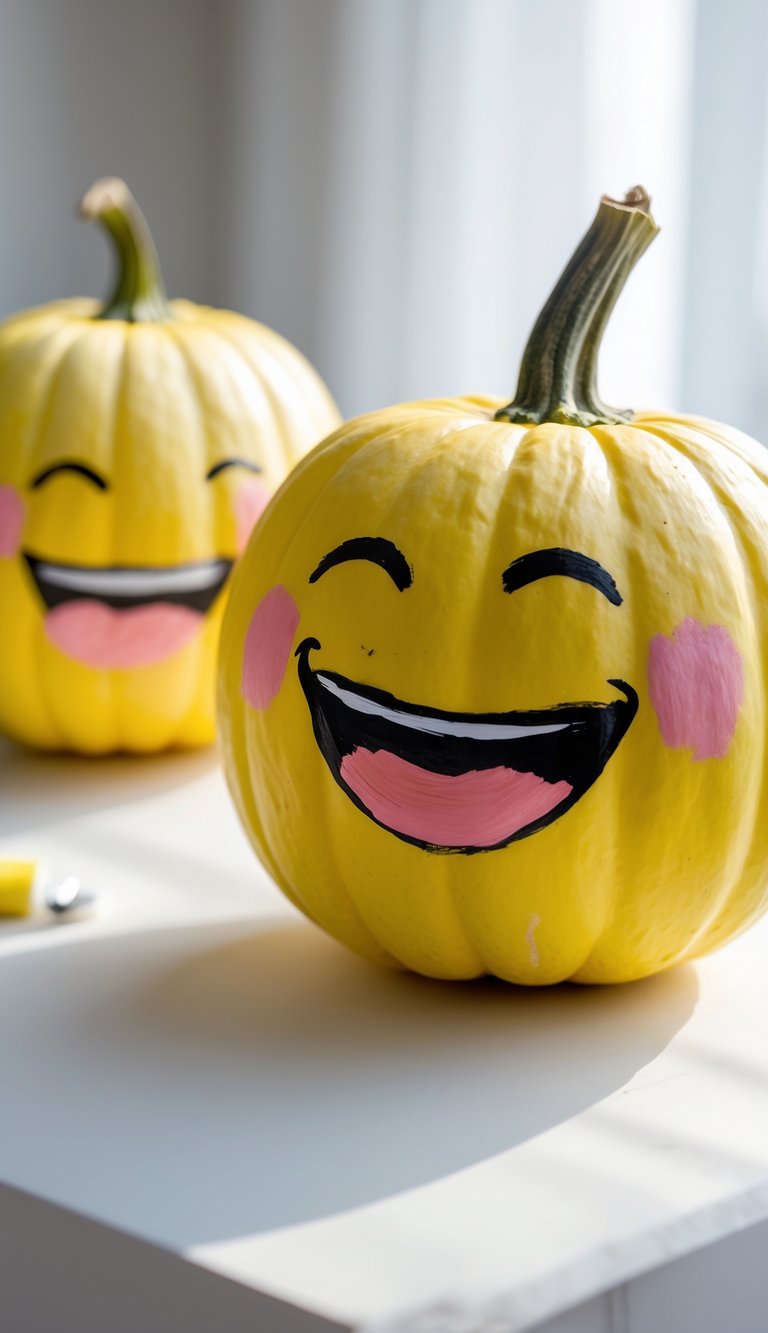 Close-up of one or two yellow pumpkins painted with laughing emoji faces on a tabletop under soft daylight.