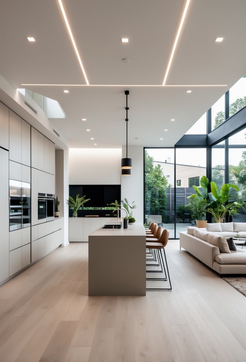 Open Kitchen Living Rooms For 2026: 22 Modern Design Ideas For Seamless Living 2 A spacious open kitchen and living room with a large island, sofa, and big windows letting in natural light.