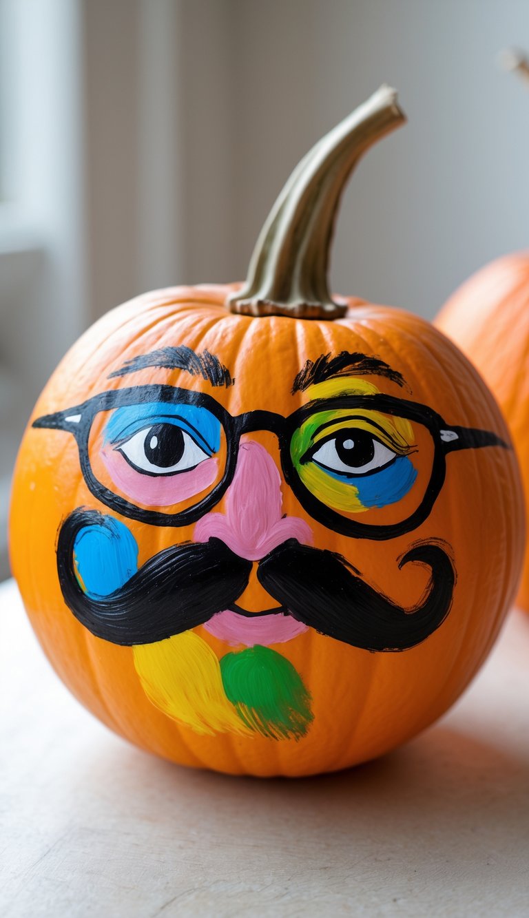 One or two orange pumpkins on a table, hand-painted with funny glasses and eyebrows designs.