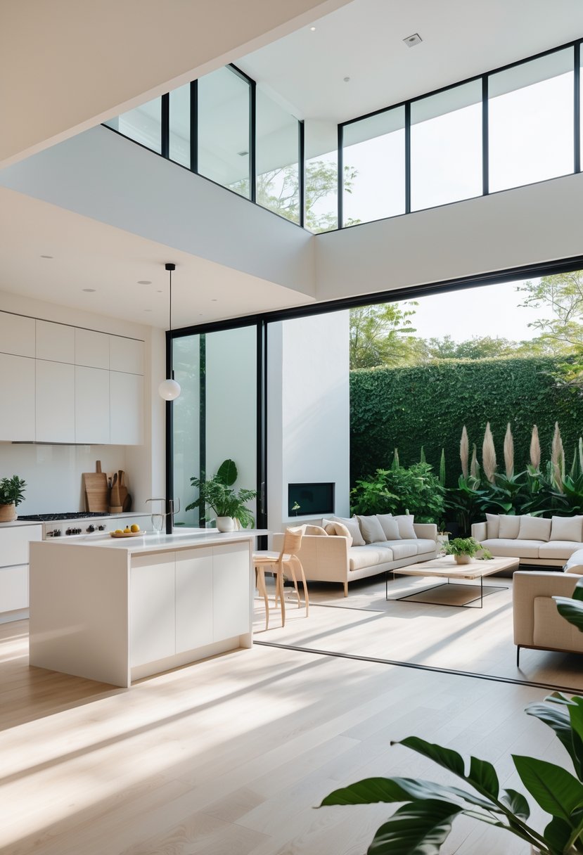 Open Kitchen Living Rooms For 2026: 22 Modern Design Ideas For Seamless Living 3 A bright open kitchen and living room with large windows letting in natural light, modern furniture, and plants.