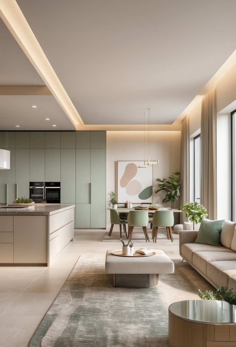 Open Kitchen Living Rooms For 2026: 22 Modern Design Ideas For Seamless Living 4 An open kitchen and living room with a large island, modern furniture, natural light, and a consistent neutral color scheme.