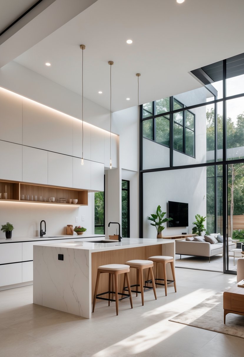 Open Kitchen Living Rooms For 2026: 22 Modern Design Ideas For Seamless Living 5 Open kitchen and living room with a kitchen island featuring seating, modern appliances, and large windows letting in natural light.