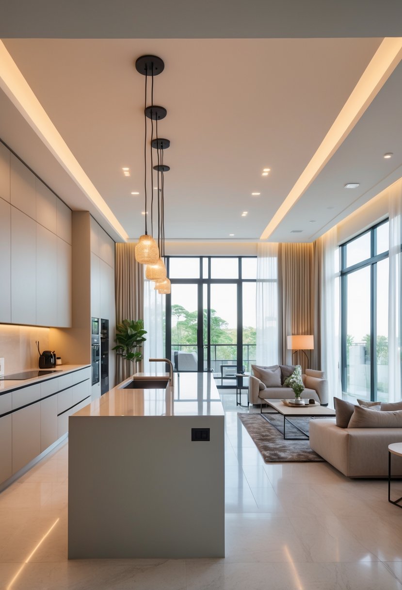 Open Kitchen Living Rooms For 2026: 22 Modern Design Ideas For Seamless Living 7 An open kitchen and living room with a kitchen island illuminated by pendant lights.