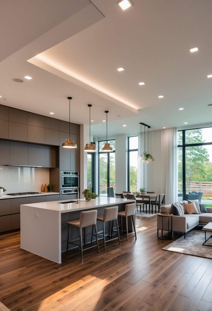 Open Kitchen Living Rooms For 2026: 22 Modern Design Ideas For Seamless Living 8 An open kitchen and living room with hardwood flooring, a kitchen island, sofa, and large windows letting in natural light.