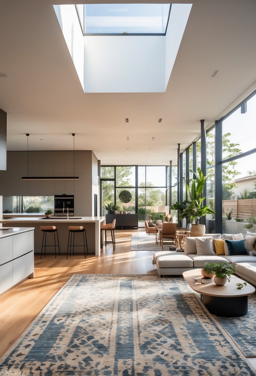 Open Kitchen Living Rooms For 2026: 22 Modern Design Ideas For Seamless Living 9 An open kitchen and living room with distinct zones separated by area rugs, featuring a kitchen island and a comfortable seating area.