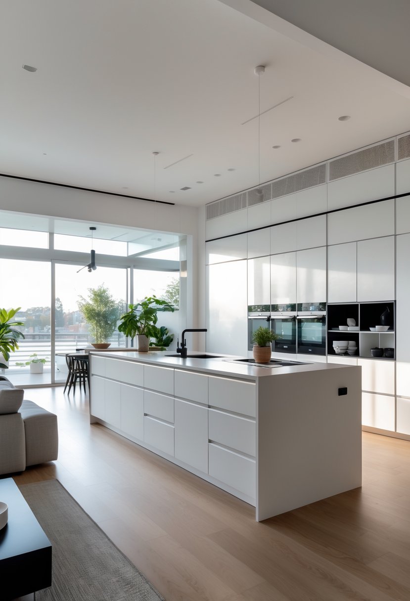 Open Kitchen Living Rooms For 2026: 22 Modern Design Ideas For Seamless Living 10 An open kitchen and living room with modern white cabinets, a large island, hidden storage, a sofa, and large windows letting in natural light.