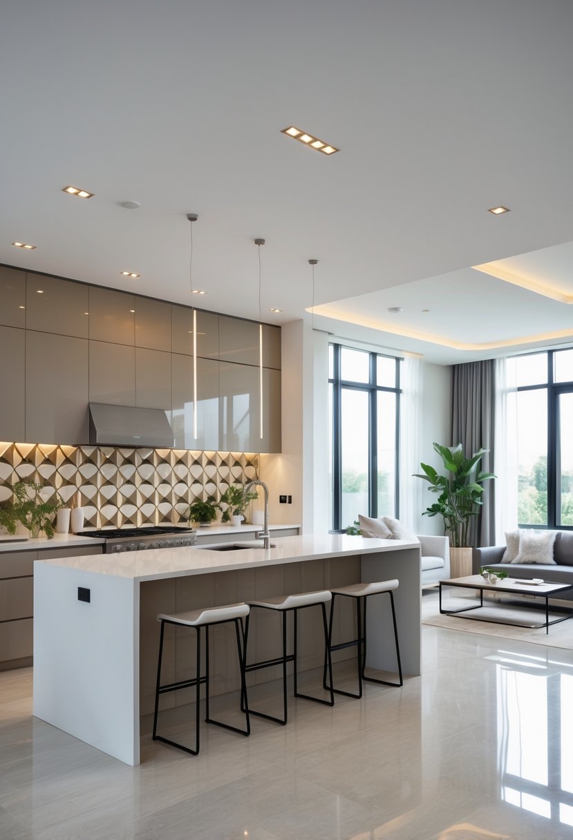 Open Kitchen Living Rooms For 2026: 22 Modern Design Ideas For Seamless Living 12 Open kitchen and living room with a bold patterned backsplash, modern appliances, and comfortable seating in a bright, spacious area.