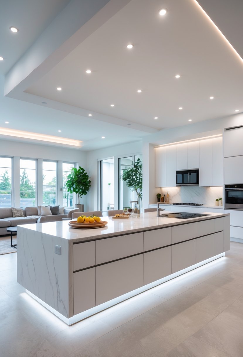 Open Kitchen Living Rooms For 2026: 22 Modern Design Ideas For Seamless Living 13 Open kitchen and living room with under-cabinet lights illuminating the kitchen countertops.