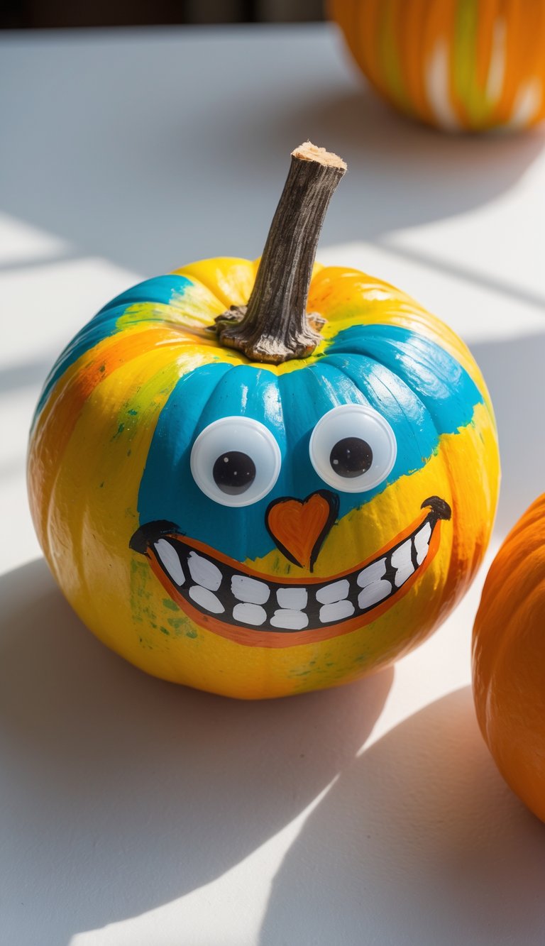 Close-up of one to two painted pumpkins on a tabletop, featuring googly eyes and a silly tooth gap, brightly colored and well-lit.