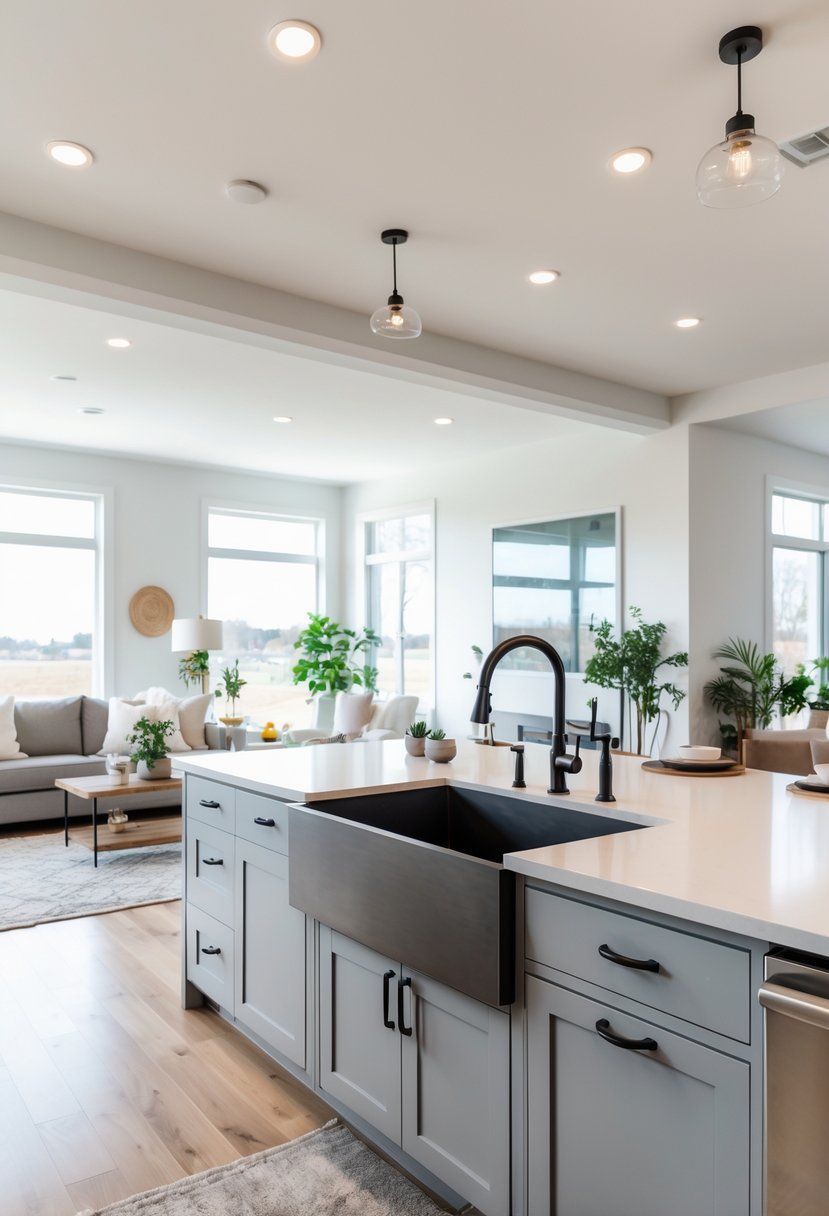 Open Kitchen Living Rooms For 2026: 22 Modern Design Ideas For Seamless Living 14 A spacious open kitchen and living room featuring a large farmhouse sink in the kitchen island with modern furnishings and natural light.