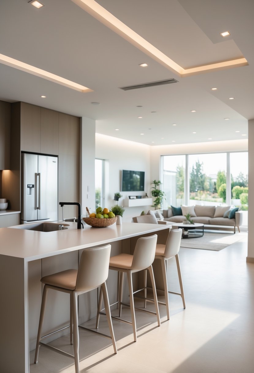 Open Kitchen Living Rooms For 2026: 22 Modern Design Ideas For Seamless Living 15 Open kitchen living room with a kitchen island and matching bar stools, bright natural light, and comfortable seating in the background.