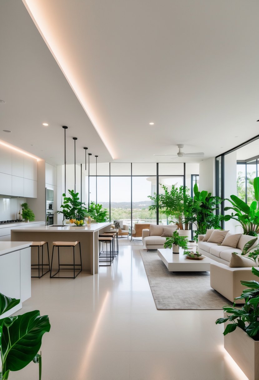 Open Kitchen Living Rooms For 2026: 22 Modern Design Ideas For Seamless Living 16 A bright open kitchen and living room with modern furniture and green plants adding freshness.