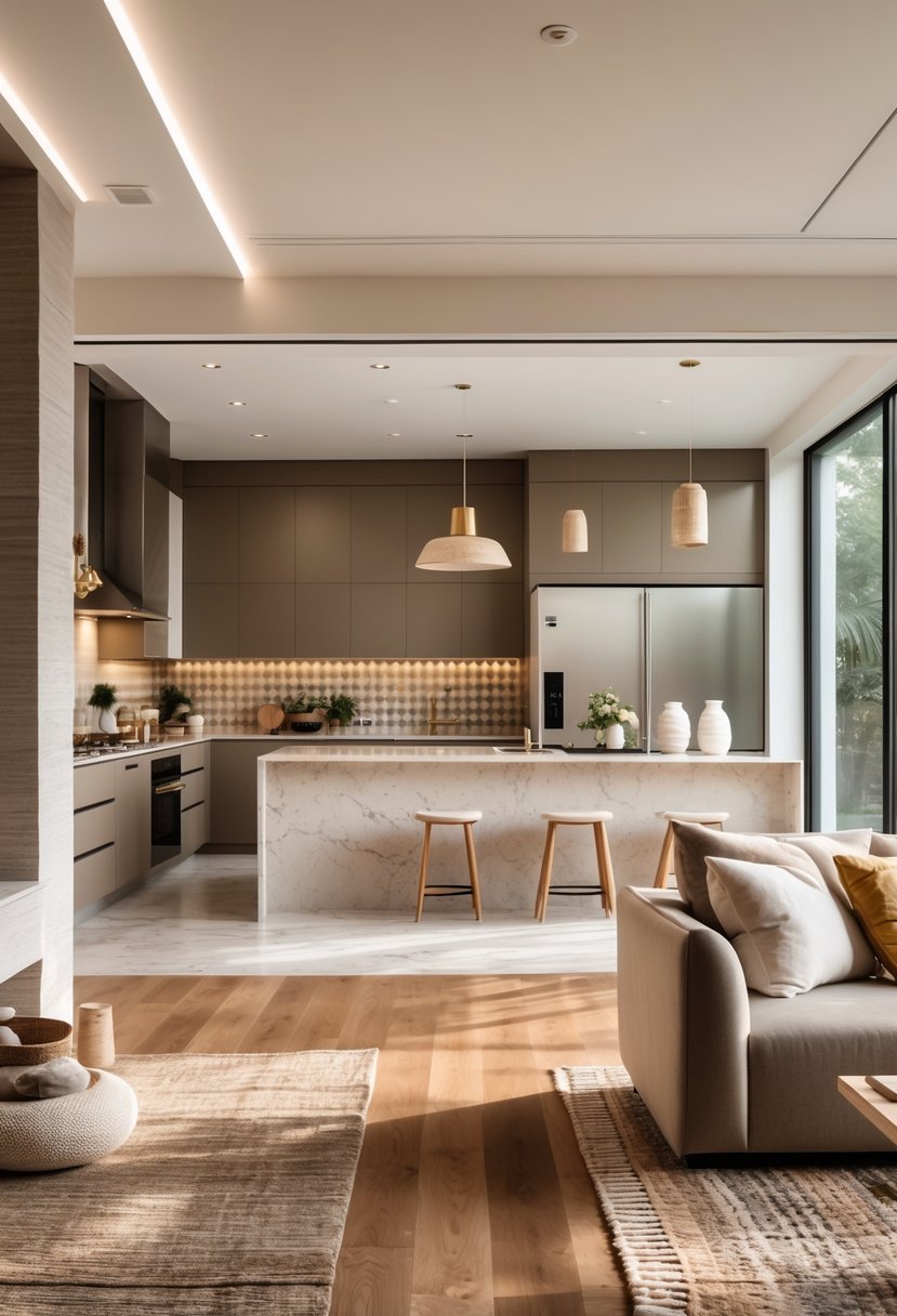 Open Kitchen Living Rooms For 2026: 22 Modern Design Ideas For Seamless Living 18 An open kitchen and living room with a mix of materials including wood floors, marble countertops, and fabric furniture, illuminated by large windows.