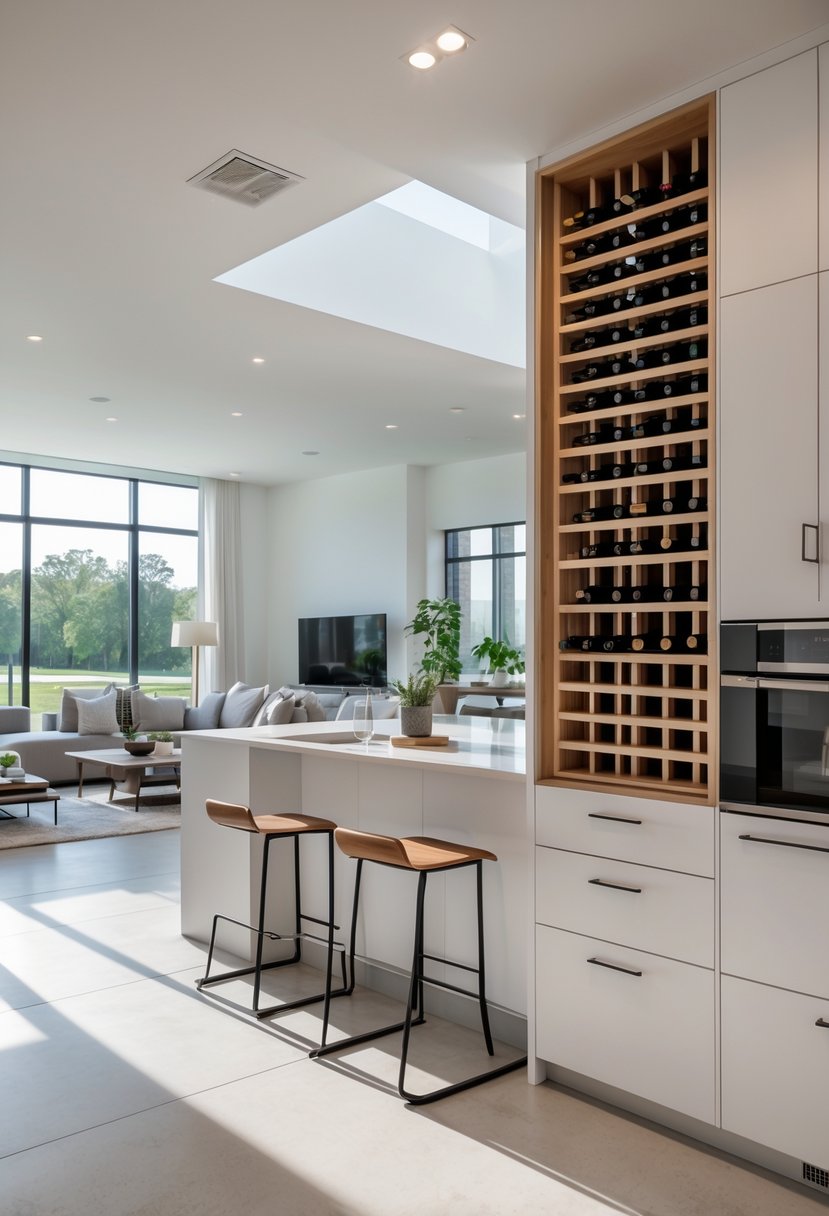 Open Kitchen Living Rooms For 2026: 22 Modern Design Ideas For Seamless Living 19 An open kitchen and living room with a built-in wine rack in the kitchen cabinetry, bright natural light, and modern furnishings.