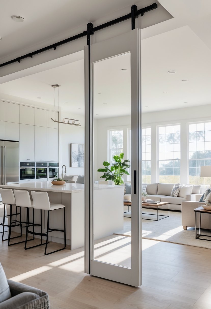 Open Kitchen Living Rooms For 2026: 22 Modern Design Ideas For Seamless Living 21 Open kitchen and living room with sliding doors partially open, showing a modern, bright interior with a kitchen island and comfortable seating.