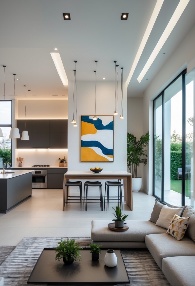 Open Kitchen Living Rooms For 2026: 22 Modern Design Ideas For Seamless Living 22 A bright open kitchen and living room with modern furniture and artwork defining separate areas.