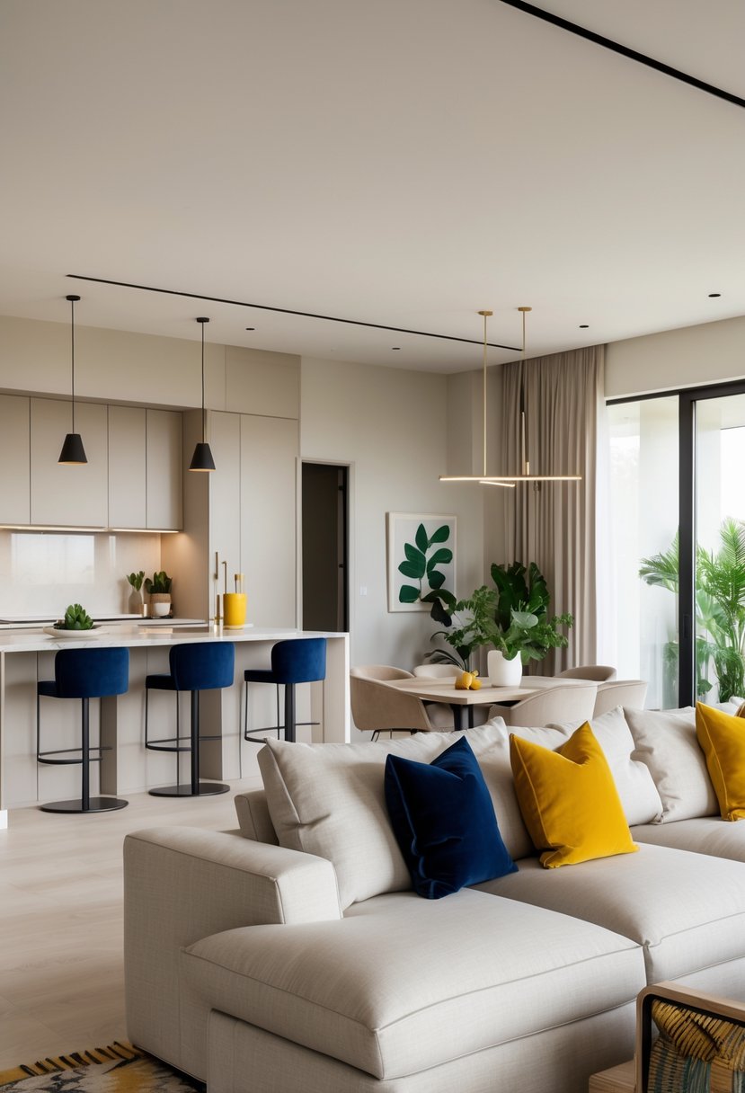 Open Kitchen Living Rooms For 2026: 22 Modern Design Ideas For Seamless Living 23 An open kitchen and living room with neutral colors and bold accent decorations, featuring a kitchen island, seating area, large windows, and plants.