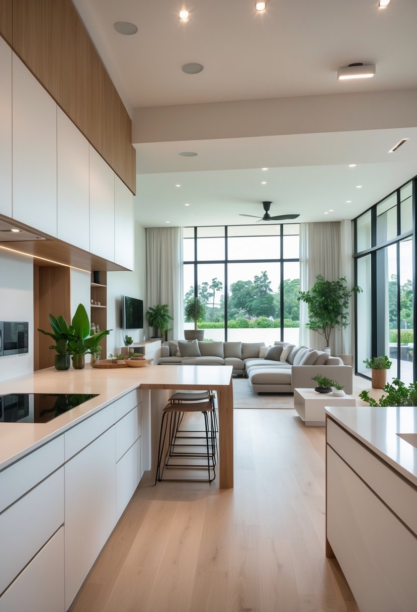 Open Kitchen Living Rooms For 2026: 22 Modern Design Ideas For Seamless Living 25 A bright open kitchen and living room with a kitchen island, sofa, large windows, and indoor plants.