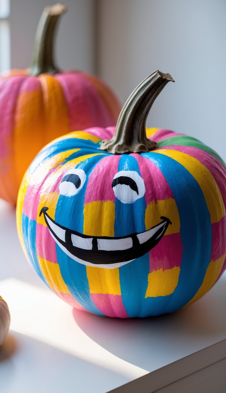 Close-up of one or two pumpkins painted with a colorful checkered pattern and a silly grin, placed on a tabletop with soft daylight and a simple background.