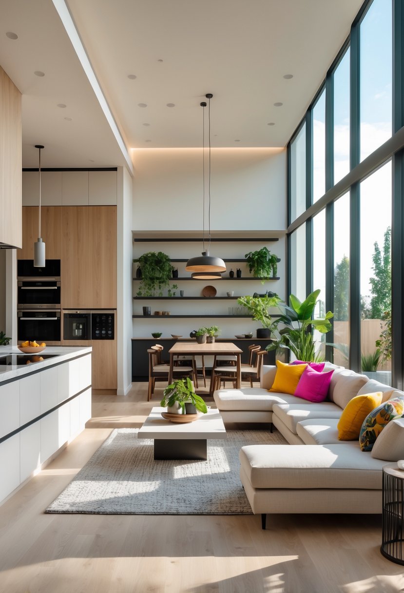 Open Kitchen Living Rooms For 2026: 22 Modern Design Ideas For Seamless Living 26 An open kitchen and living room with a large island, sofa, floor-to-ceiling windows, and indoor plants.