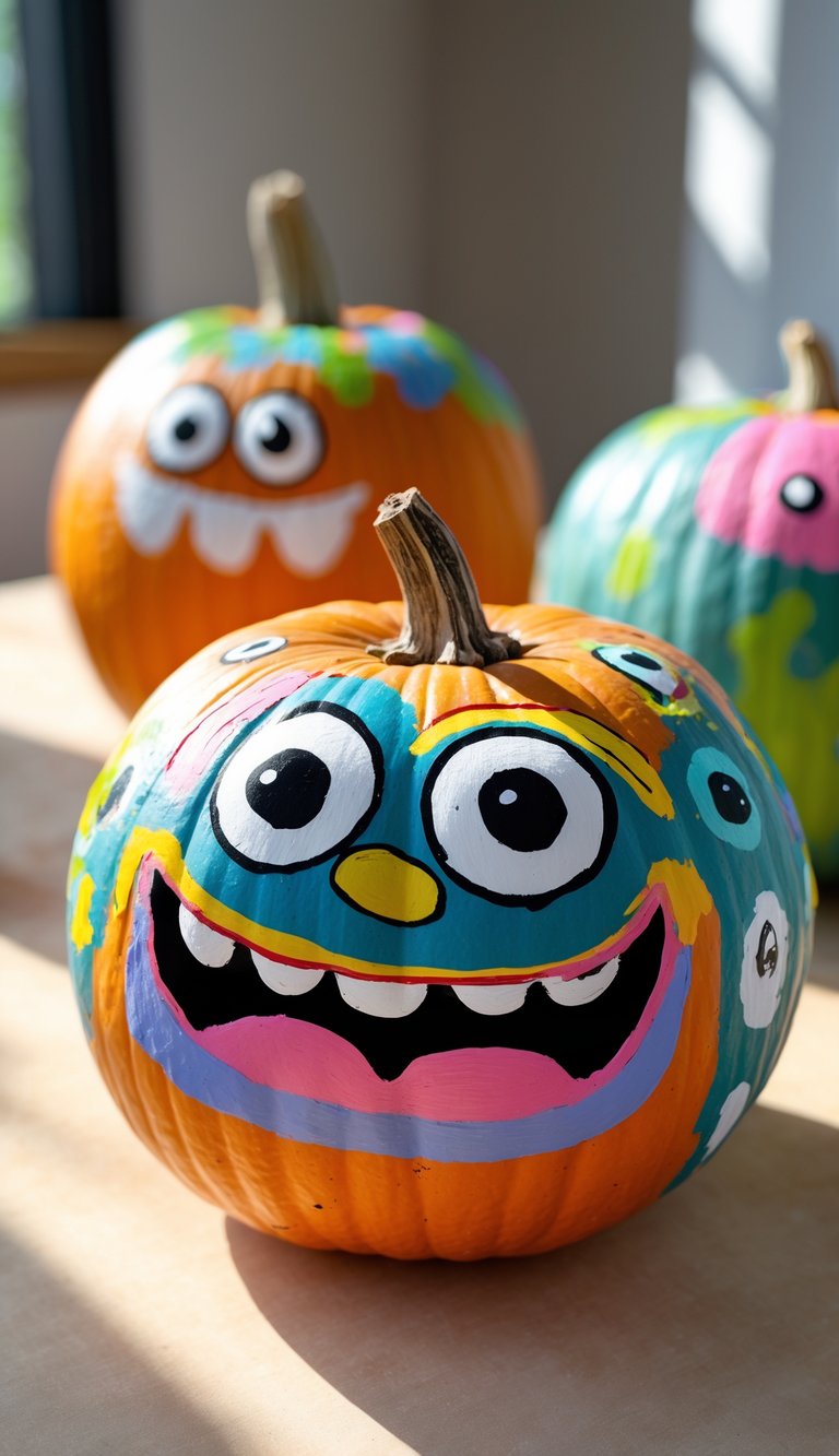 Close-up of one or two pumpkins painted with colorful, funny monster faces on a clean tabletop under soft daylight.