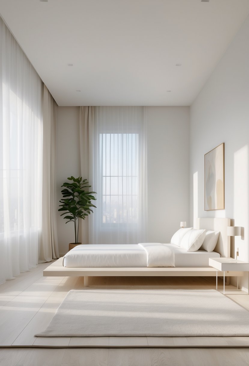 Minimalists Bedroom Ideas 2026: 21 Modern Designs for a Calm and Functional Space 2 A bright bedroom with a low wooden bed, white linens, large windows with sheer curtains, a small nightstand with a lamp, a potted plant, and a piece of abstract art on the wall.