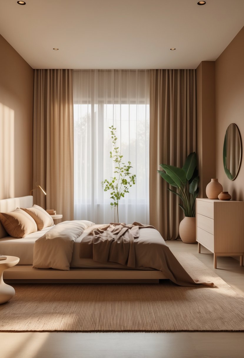 Minimalists Bedroom Ideas 2026: 21 Modern Designs for a Calm and Functional Space 3 A minimalist bedroom with a bed, wooden furniture, soft natural light, and warm earthy colors.