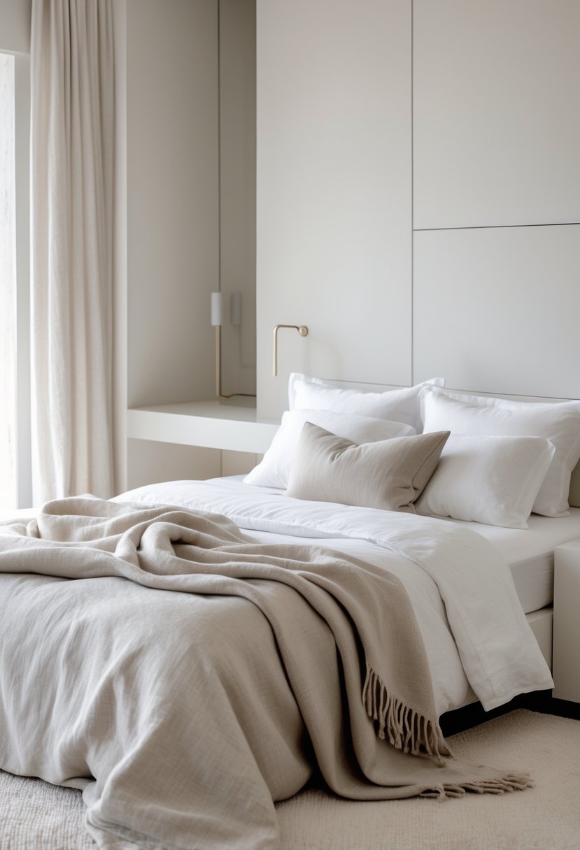 Minimalists Bedroom Ideas 2026: 21 Modern Designs for a Calm and Functional Space 4 A neatly made bed with linen pillows and a wool throw blanket in a bright, uncluttered bedroom.