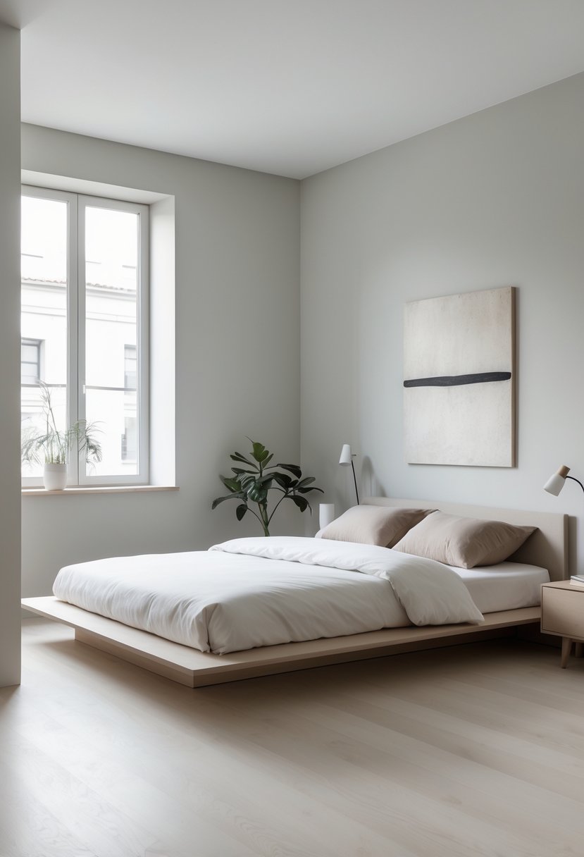 Minimalists Bedroom Ideas 2026: 21 Modern Designs for a Calm and Functional Space 5 A bedroom with a platform bed, a wooden nightstand with a lamp, large windows letting in natural light, and a small plant on the floor.