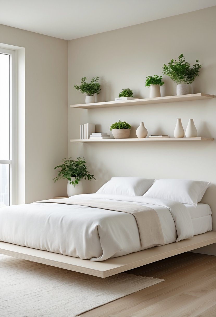 Minimalists Bedroom Ideas 2026: 21 Modern Designs for a Calm and Functional Space 6 A minimalist bedroom with floating wall shelves above the bed holding plants and decor items.