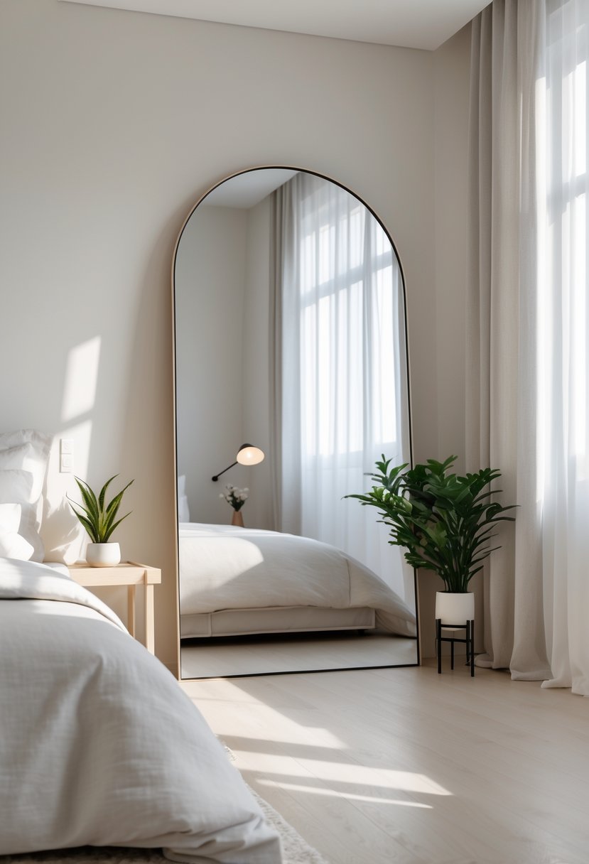 Minimalists Bedroom Ideas 2026: 21 Modern Designs for a Calm and Functional Space 7 A minimalist bedroom with a large arched mirror reflecting natural light, a neatly made bed, and simple decor.